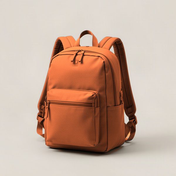 Ember Daypack in Rust — zip-top daypack with padded shoulder straps and a front pocket on a light grey backdrop