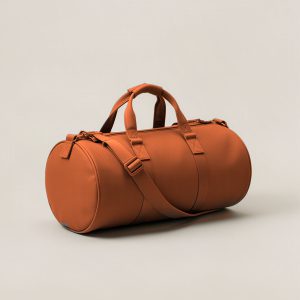 Ember Duffel in Rust — cylindrical duffel bag with carry handles and a shoulder strap on a light grey backdrop