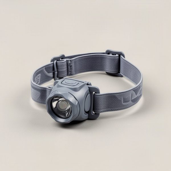 Ember Headlamp in grey — compact headlamp with a lens housing and an elastic headband on a light grey backdrop