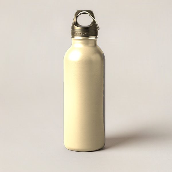 Ember Steel Bottle in Sand — tall insulated steel water bottle with a screw-on cap and carry loop on a light grey backdrop