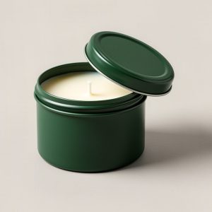 Ember Tin Candle — candle in a round green metal travel tin with the lid resting on top on a light grey backdrop
