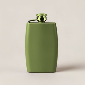 Ember Trail Flask in Moss — slim hip flask with a hinged screw cap on a light grey backdrop