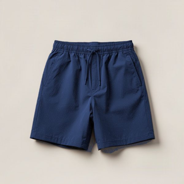Ember Trail Short in Navy — lightweight trail shorts with an elastic drawcord waist, folded on a light grey backdrop