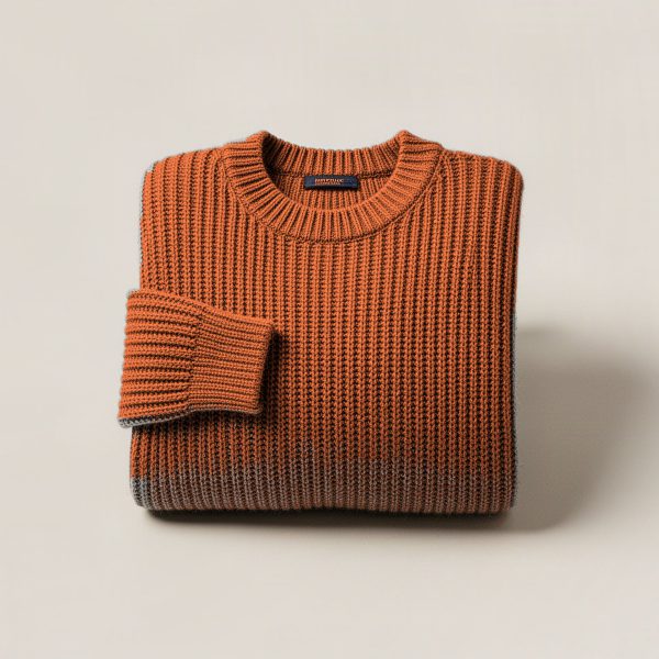 Ember Watch Sweater in Rust — chunky ribbed-knit crew-neck sweater, folded on a light grey backdrop
