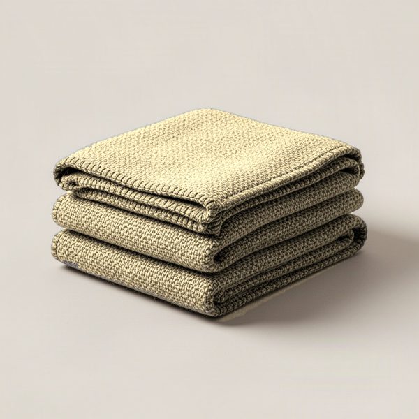 Ember Wool Blanket in Sand — thick woven wool blanket with stitched edges, folded on a light grey backdrop
