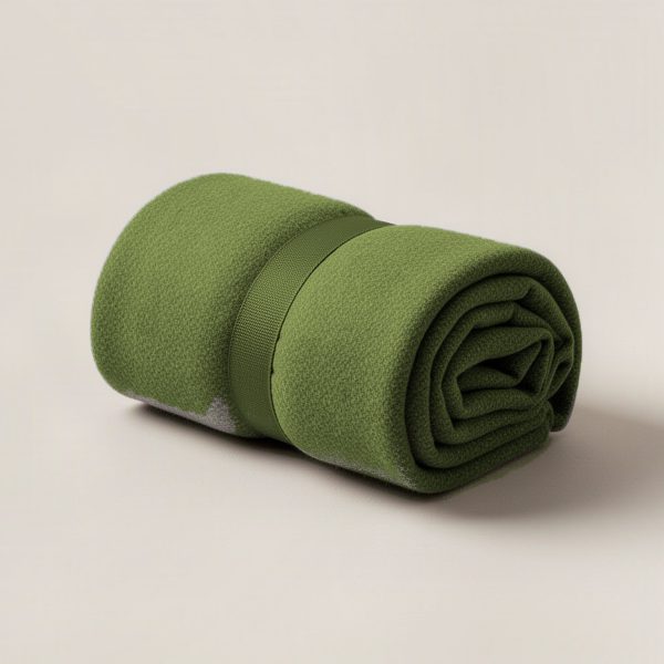 Granite Camp Throw in Moss — soft camp throw blanket, rolled with a strap on a light grey backdrop