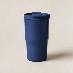 Granite Camp Tumbler in Navy — straight-sided insulated camp tumbler with a slip-on lid on a light grey backdrop