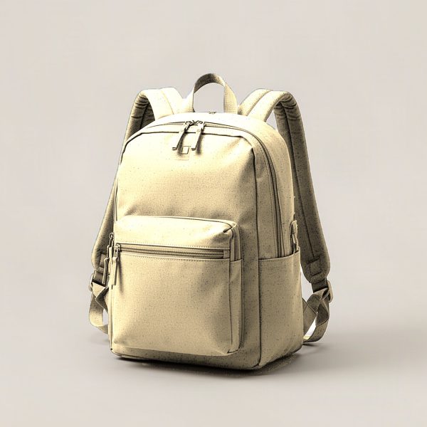 Granite Daypack in Sand — zip-top daypack with padded shoulder straps and a front pocket on a light grey backdrop