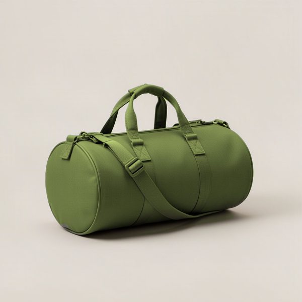 Granite Duffel in Moss — cylindrical duffel bag with carry handles and a shoulder strap on a light grey backdrop
