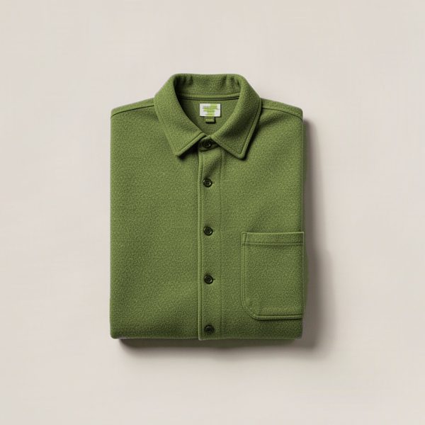 Granite Flannel Shirt in Moss — button-up flannel shirt, folded on a light grey backdrop