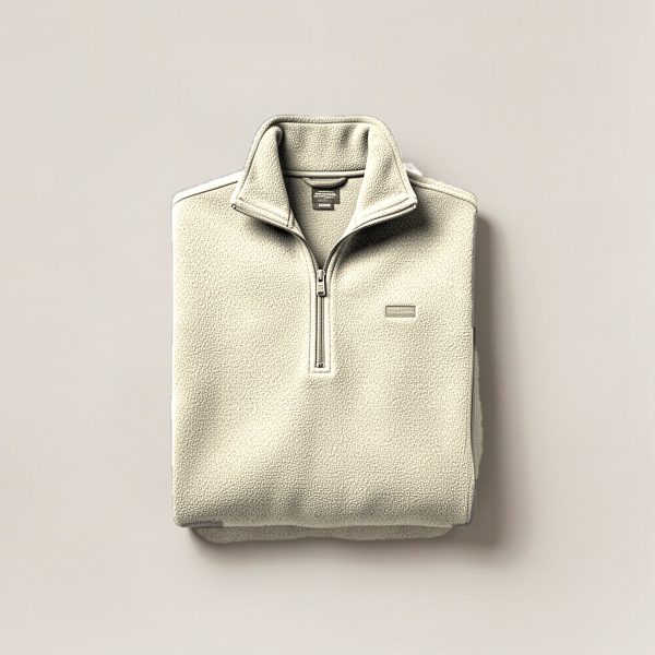Granite Fleece Pullover in Cream — quarter-zip fleece pullover, folded on a light grey backdrop