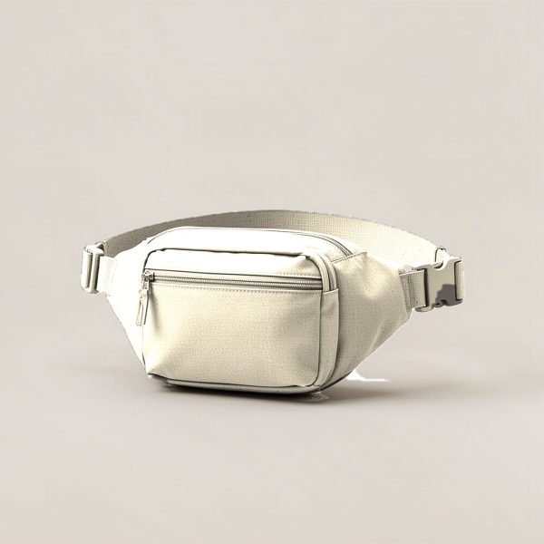 Granite Hip Pack in Cream — compact hip pack with a zipped front pocket and a buckled waist strap on a light grey backdrop