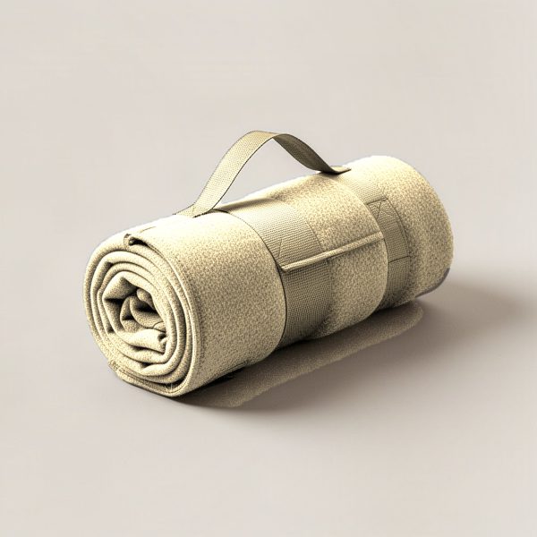 Granite Stadium Blanket in Sand — compact stadium blanket, rolled with a carry strap on a light grey backdrop