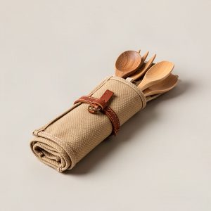 Granite Utensil Roll — tan canvas utensil roll tied with a leather strap, wooden utensils peeking out on a light grey backdrop