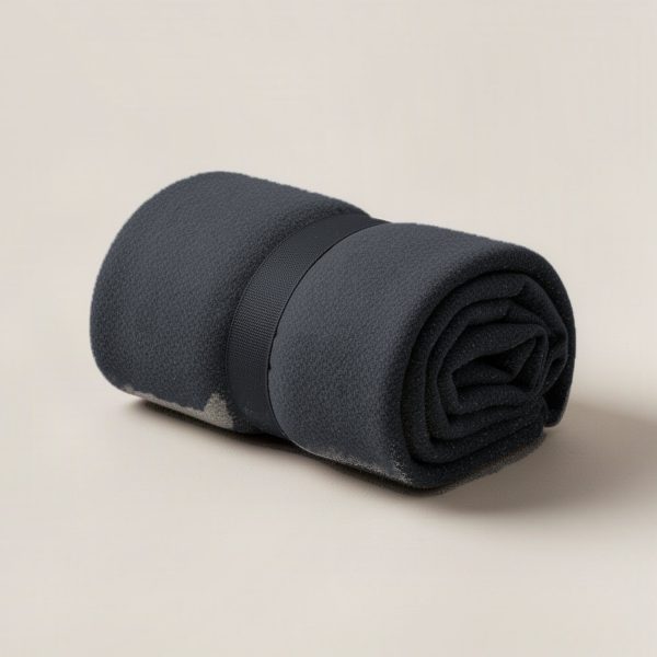 Harbor Camp Throw in Charcoal — soft camp throw blanket, rolled with a strap on a light grey backdrop
