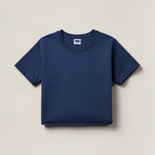 Harbor Field Tee in Navy — crew-neck cotton t-shirt, folded on a light grey backdrop