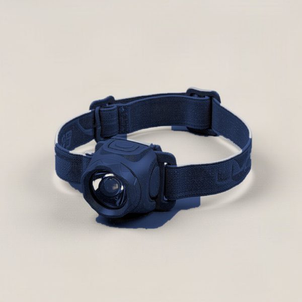 Harbor Headlamp in Navy — compact headlamp with a lens housing and an elastic headband on a light grey backdrop