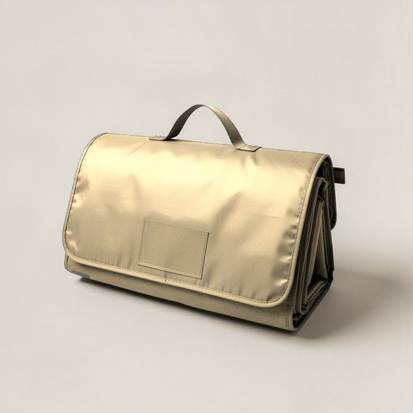 Harbor Picnic Blanket in Sand — water-resistant picnic blanket, folded with a carry handle on a light grey backdrop