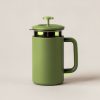 Harbor Travel Press in Moss — travel coffee press mug with a plunger lid and a handle on a light grey backdrop
