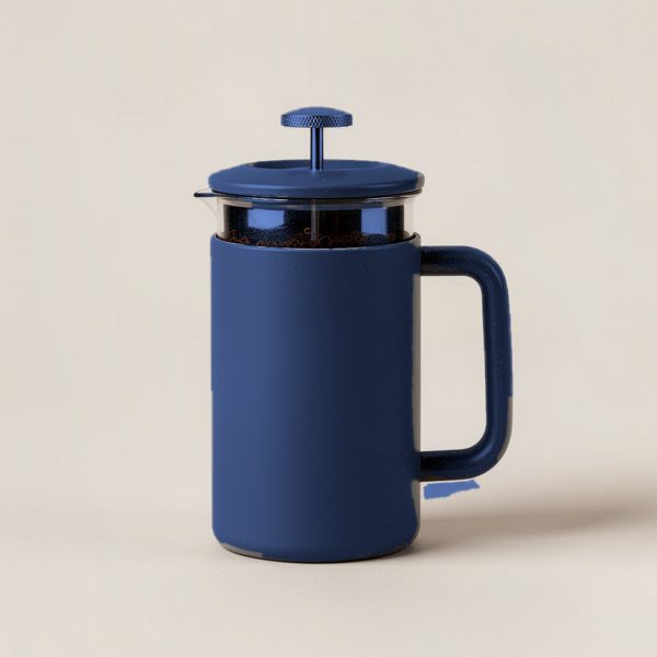Harbor Travel Press in Navy — travel coffee press mug with a plunger lid and a handle on a light grey backdrop