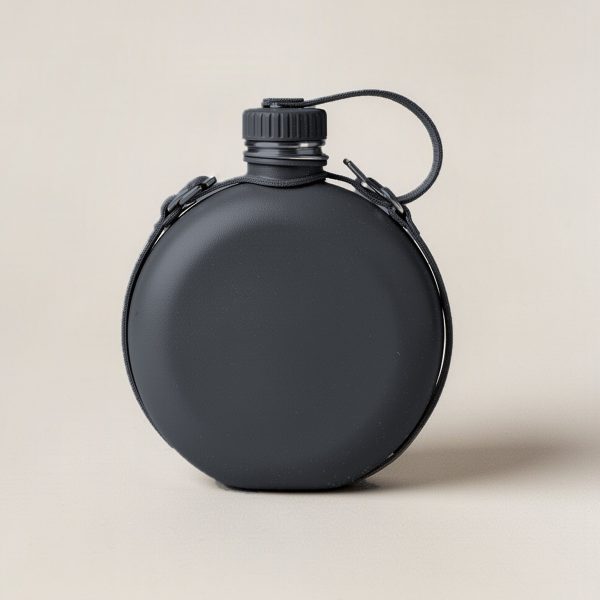 Juniper Canteen in Charcoal — round flat-sided canteen with a screw cap and a carry strap on a light grey backdrop