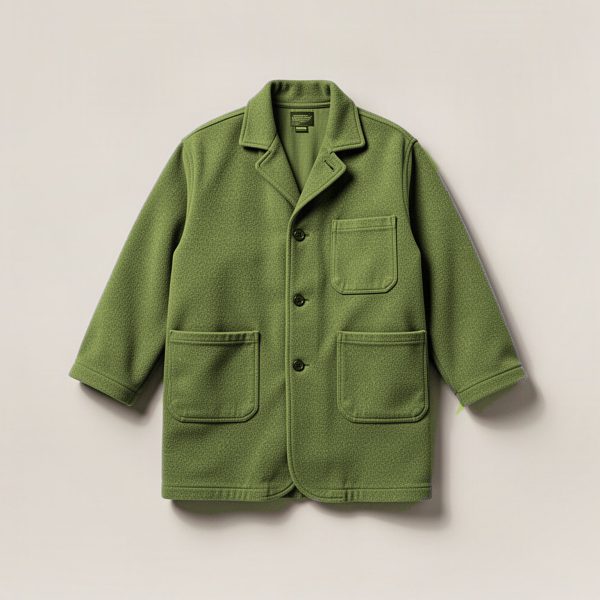Juniper Chore Coat in Moss — boxy button-front chore coat with two patch pockets on a light grey backdrop