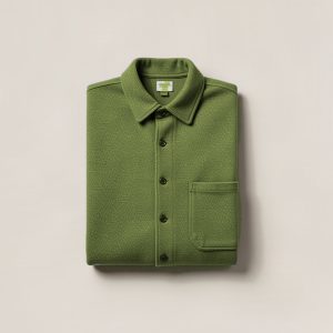 Juniper Flannel Shirt in Moss — button-up flannel shirt, folded on a light grey backdrop