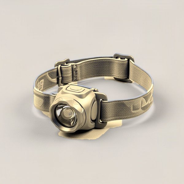 Juniper Headlamp in Sand — compact headlamp with a lens housing and an elastic headband on a light grey backdrop