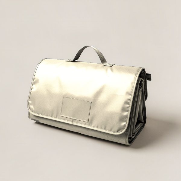 Juniper Picnic Blanket in Cream — water-resistant picnic blanket, folded with a carry handle on a light grey backdrop