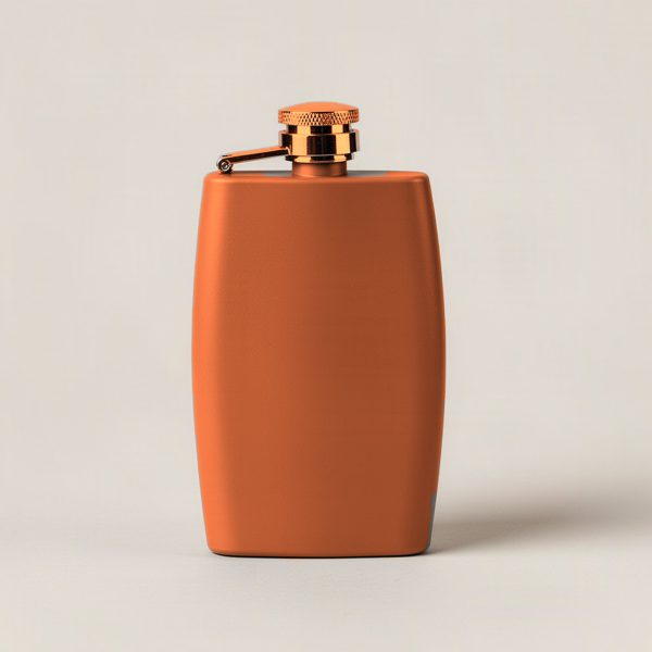 Juniper Trail Flask in Rust — slim hip flask with a hinged screw cap on a light grey backdrop