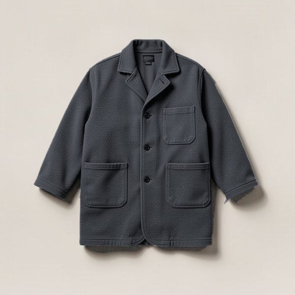 Lakeside Chore Coat in Charcoal — boxy button-front chore coat with two patch pockets on a light grey backdrop