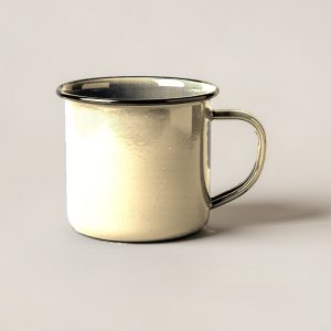 Lakeside Enamel Mug in Sand — enamel camp mug with a rolled rim and a C-shaped handle on a light grey backdrop