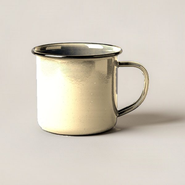 Lakeside Enamel Mug in Sand — enamel camp mug with a rolled rim and a C-shaped handle on a light grey backdrop