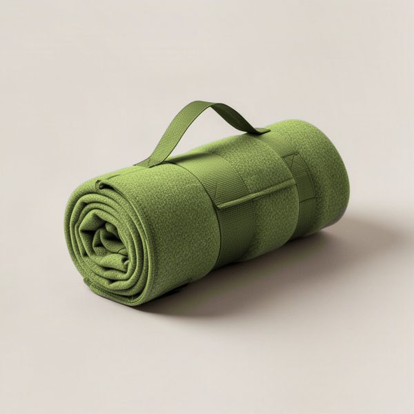 Lakeside Stadium Blanket in Moss — compact stadium blanket, rolled with a carry strap on a light grey backdrop