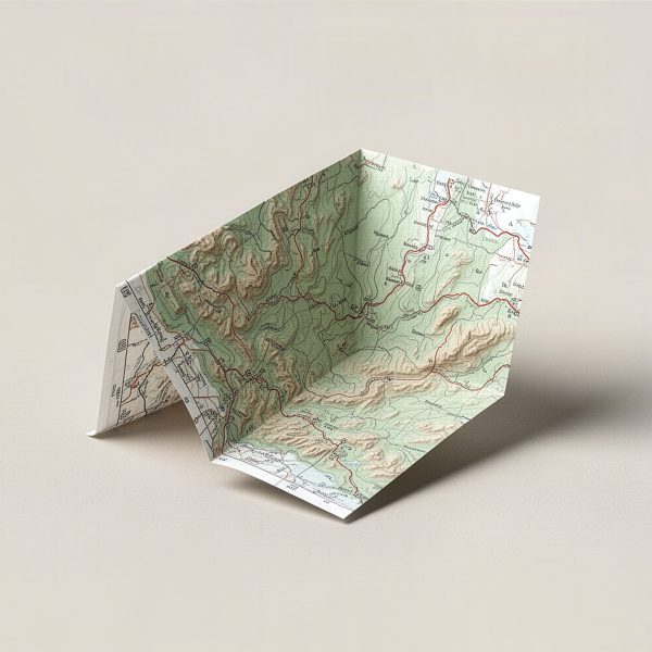 Lakeside Trail Map — folded paper trail map with muted green and tan topographic printing on a light grey backdrop