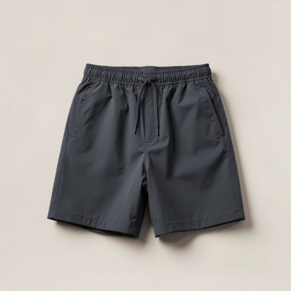 Lakeside Trail Short in Charcoal — lightweight trail shorts with an elastic drawcord waist, folded on a light grey backdrop