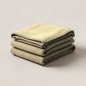 Lakeside Wool Blanket in Sand — thick woven wool blanket with stitched edges, folded on a light grey backdrop