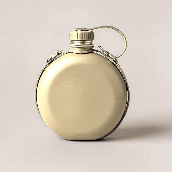 Ridgeline Canteen in Sand — round flat-sided canteen with a screw cap and a carry strap on a light grey backdrop