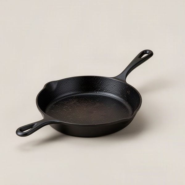 Ridgeline Cast Iron Skillet — black seasoned cast iron skillet with a loop helper handle on a light grey backdrop