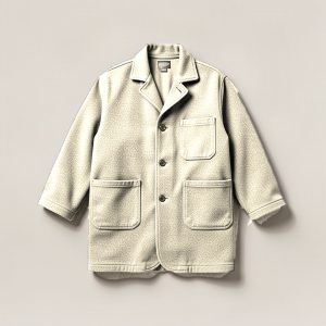 Ridgeline Chore Coat in Cream — boxy button-front chore coat with two patch pockets on a light grey backdrop