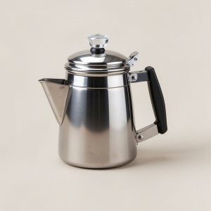 Ridgeline Percolator — stainless steel camp percolator coffee pot with a glass knob lid on a light grey backdrop
