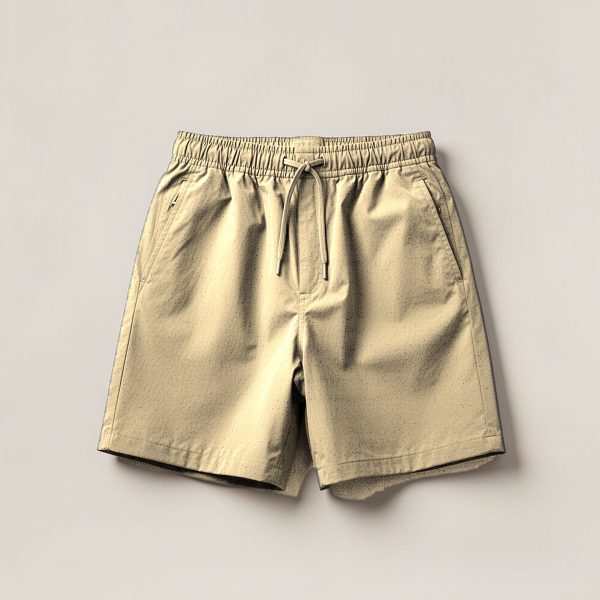 Ridgeline Trail Short in Sand — lightweight trail shorts with an elastic drawcord waist, folded on a light grey backdrop