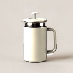 Ridgeline Travel Press in Cream — travel coffee press mug with a plunger lid and a handle on a light grey backdrop
