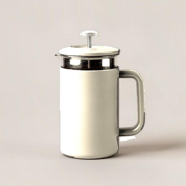Ridgeline Travel Press in Cream — travel coffee press mug with a plunger lid and a handle on a light grey backdrop