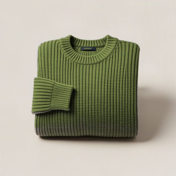 Ridgeline Watch Sweater in Moss — chunky ribbed-knit crew-neck sweater, folded on a light grey backdrop