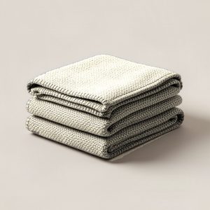Ridgeline Wool Blanket in Cream — thick woven wool blanket with stitched edges, folded on a light grey backdrop