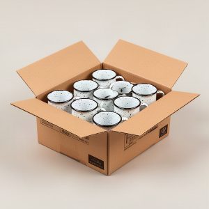 Speckled Enamel Mug 12 oz, Case of 24 — open case packed with speckled white enamel camp mugs on a light grey backdrop
