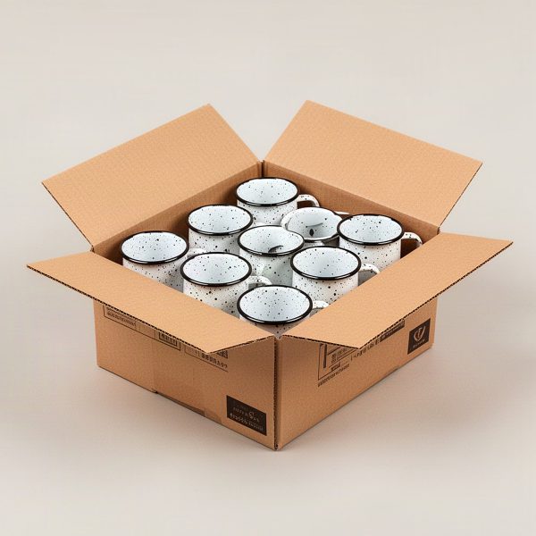 Speckled Enamel Mug 12 oz, Case of 24 — open case packed with speckled white enamel camp mugs on a light grey backdrop