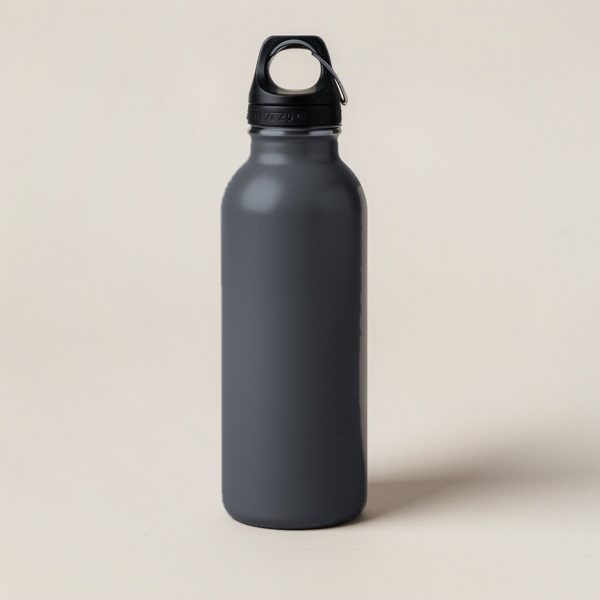 Cedar Steel Bottle in Charcoal — tall insulated steel water bottle with a screw-on cap and carry loop on a light grey backdrop