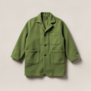 Summit Chore Coat in Moss — boxy button-front chore coat with two patch pockets on a light grey backdrop